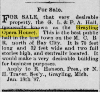 Grayling Opera House - Feb 1887 For Sale